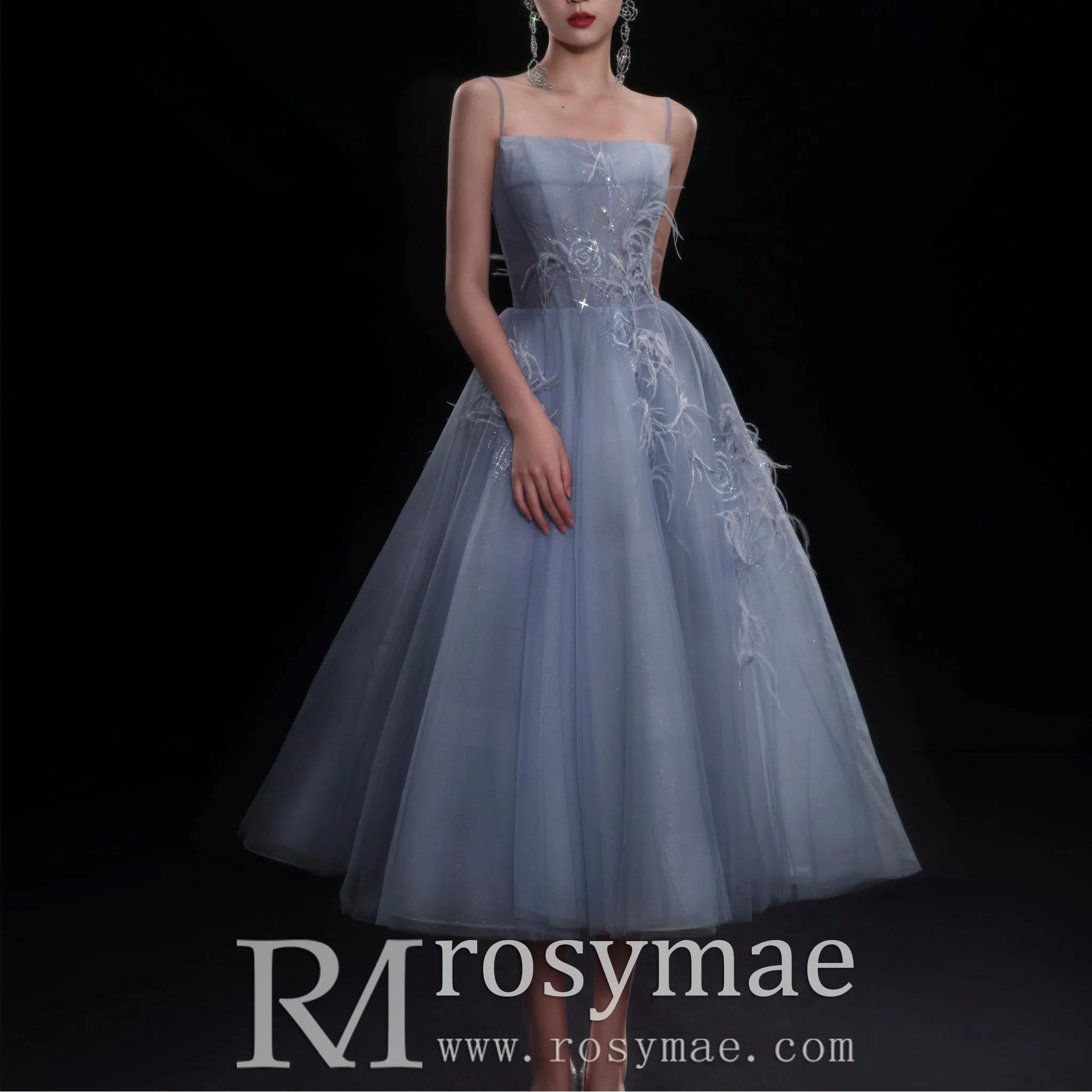 Tea Length A-line Cocktail Dress Party Gown with Spaghetti Strap