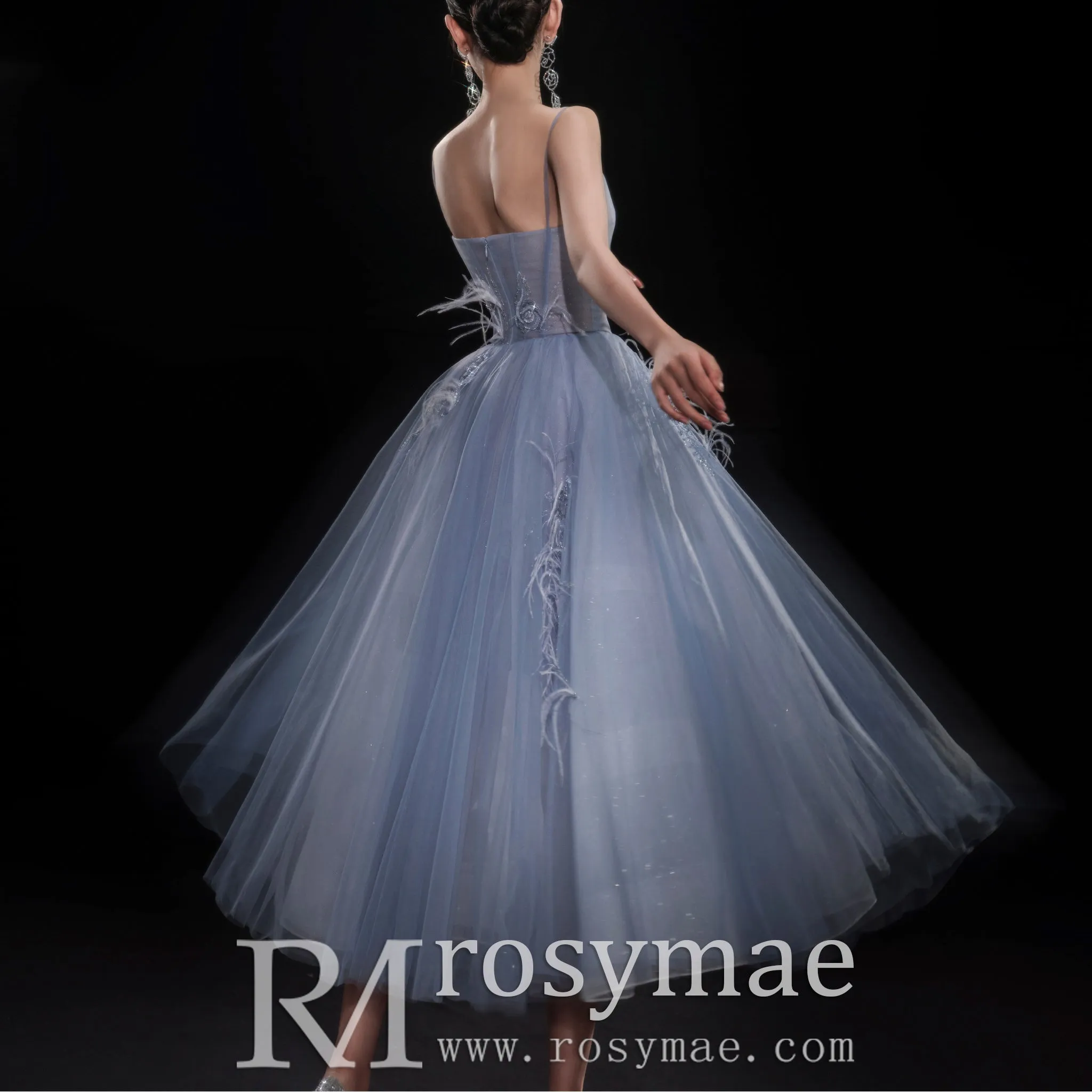 Tea Length A-line Cocktail Dress Party Gown with Spaghetti Strap