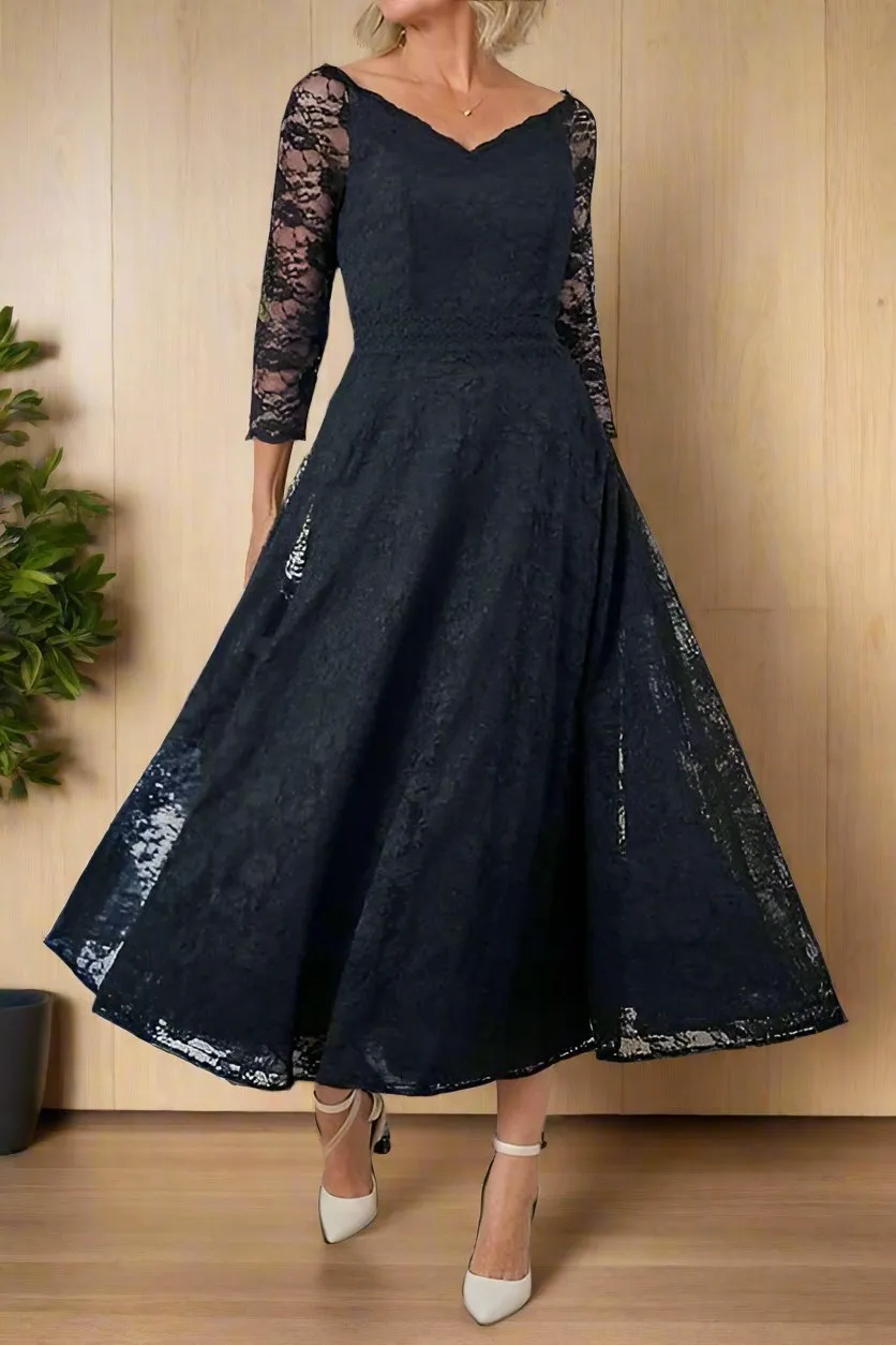 Tea Length Dark Navy A-Line Lace Mother of the Bride Dress