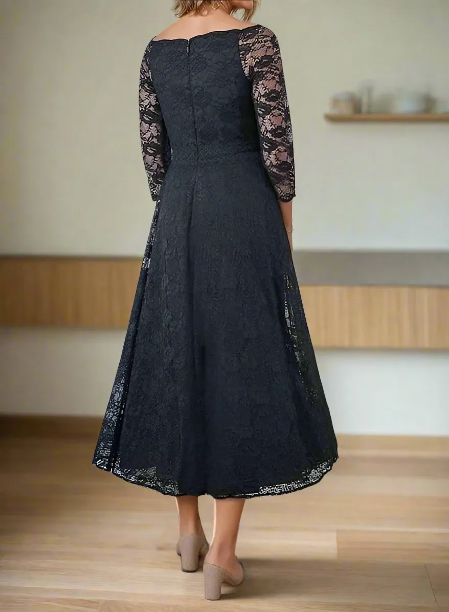 Tea Length Dark Navy A-Line Lace Mother of the Bride Dress