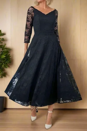 Tea Length Dark Navy A-Line Lace Mother of the Bride Dress