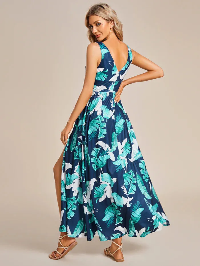 Tea Length Side Split Printed Evening Dresses With Belt