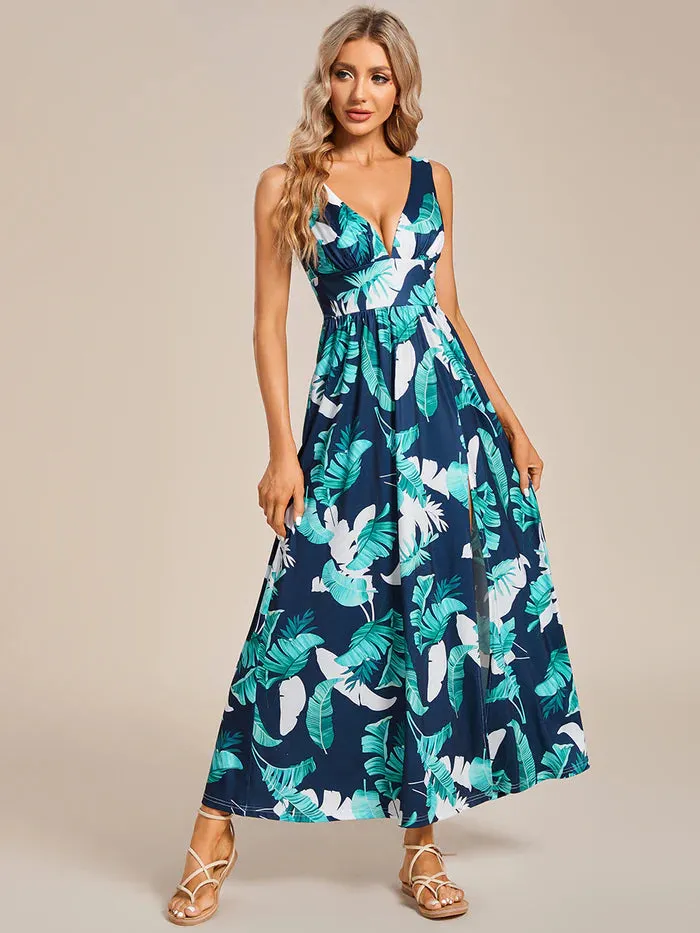 Tea Length Side Split Printed Evening Dresses With Belt