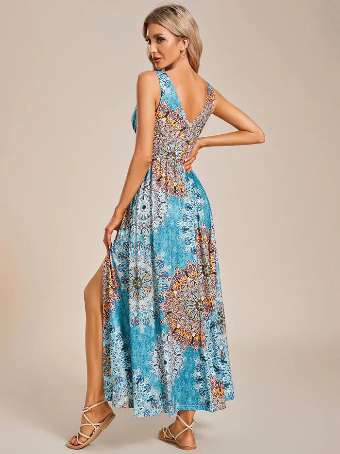 Tea Length Side Split Printed Evening Dresses With Belt