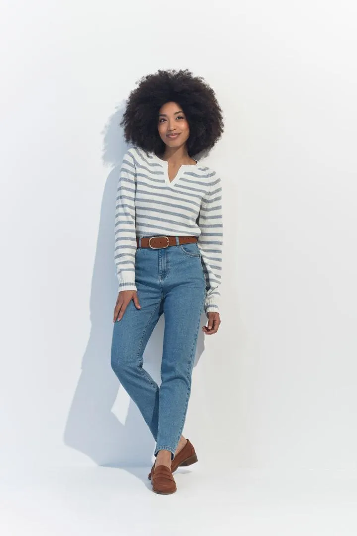 TERESA - Pull blanc tricot motif rayures lurex ciel