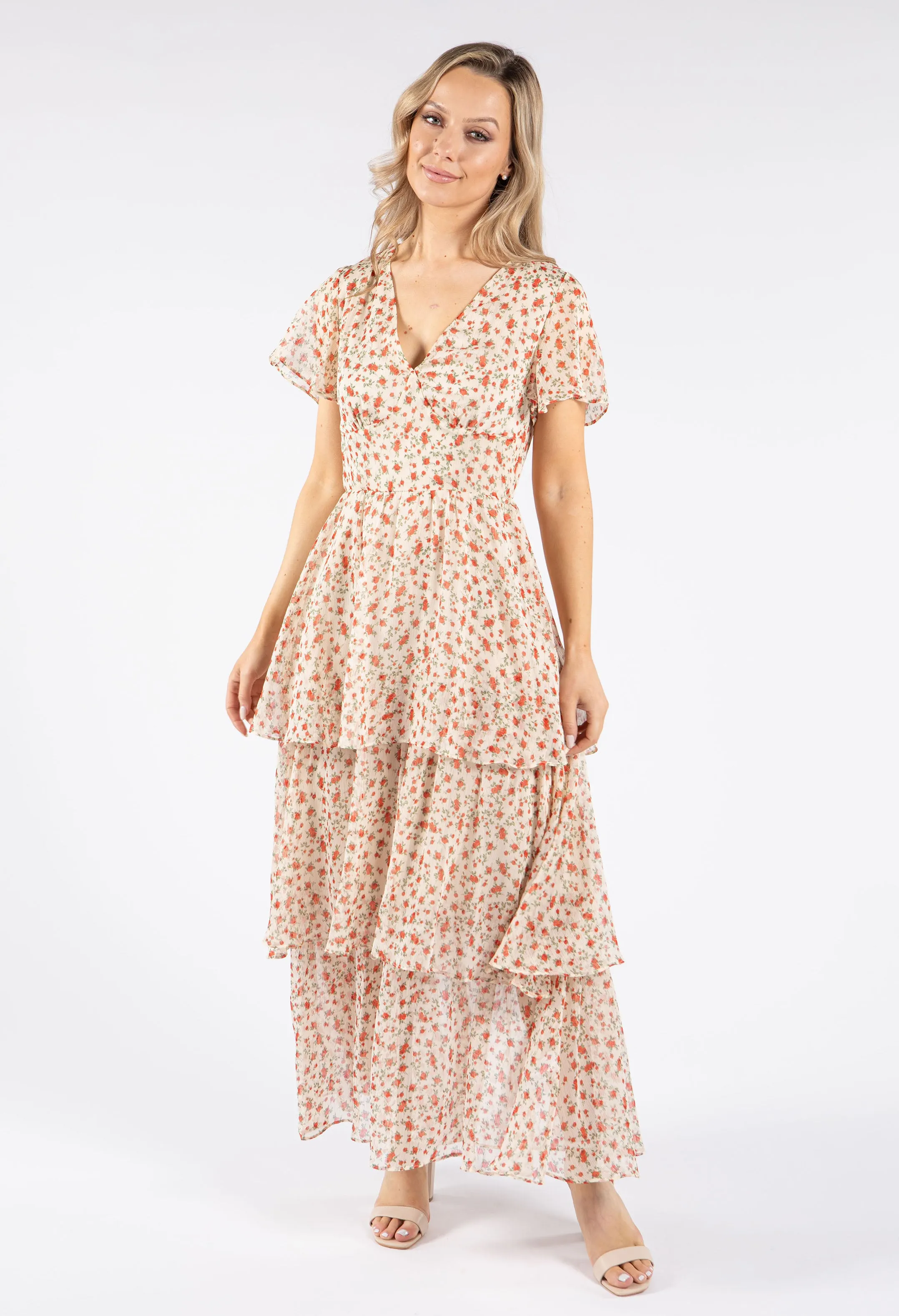 Tiered Floral Midi Tea Dress