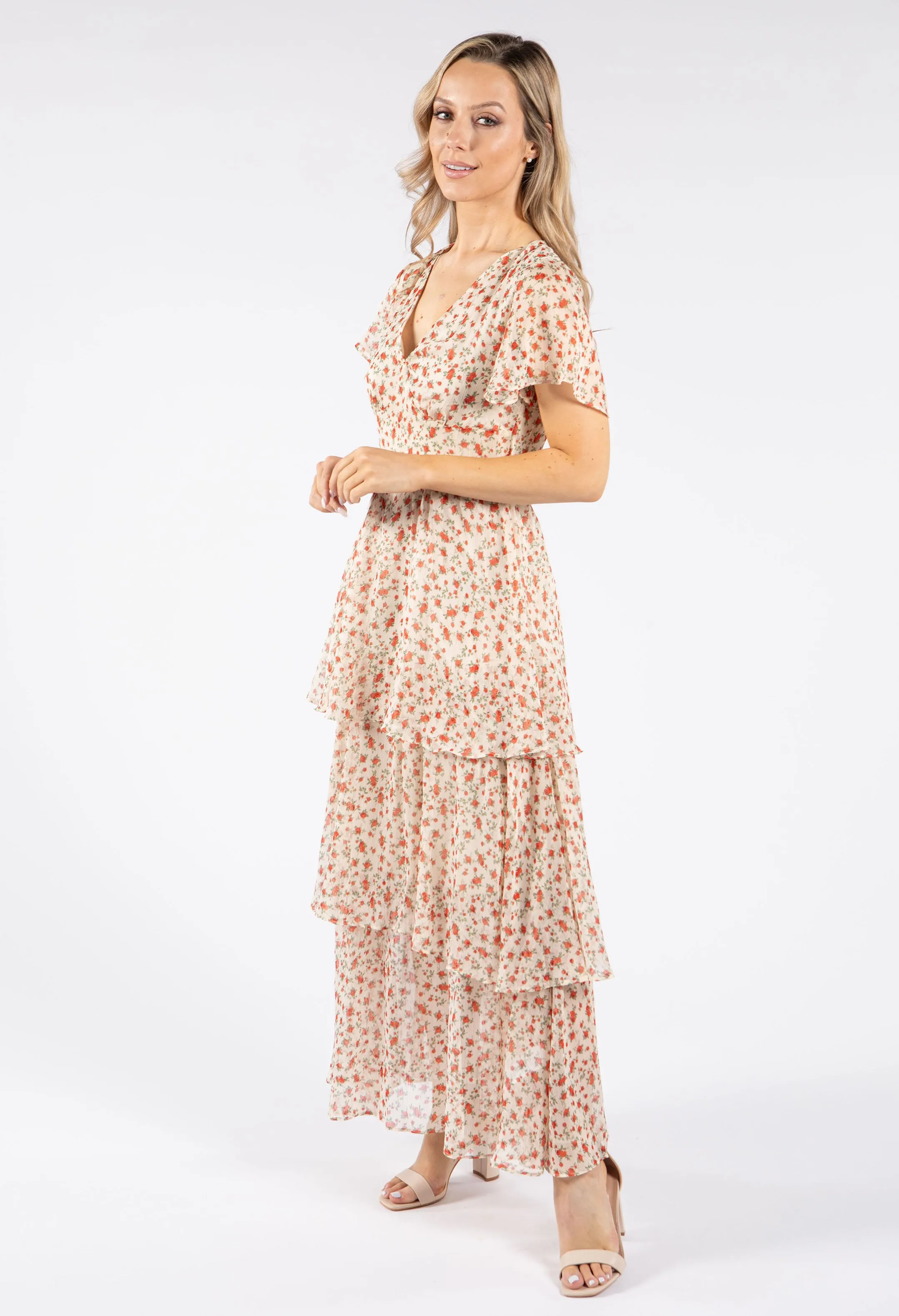 Tiered Floral Midi Tea Dress