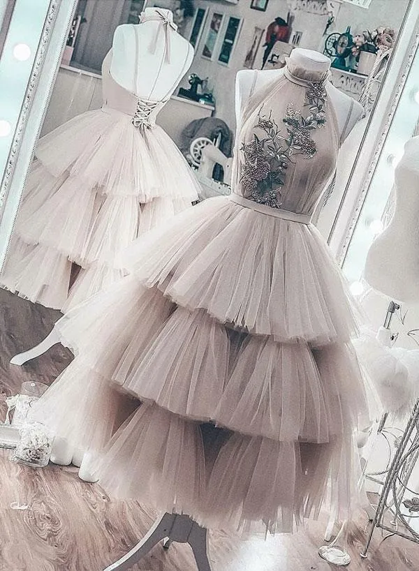 tiered prom dresses 2020 dusty pink embroidery appliqué tea length cheap prom gown vestido de graduacion