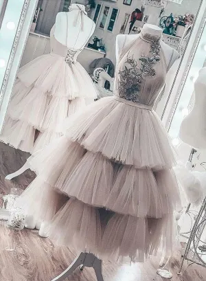 tiered prom dresses 2020 dusty pink embroidery appliqué tea length cheap prom gown vestido de graduacion