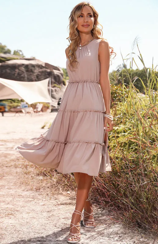 Tiered Sleeveless Midi Dress with Solid Print