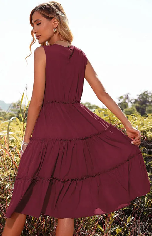Tiered Sleeveless Midi Dress with Solid Print