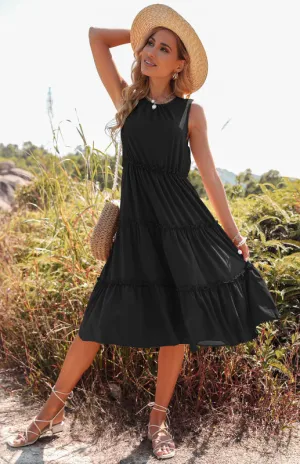 Tiered Sleeveless Midi Dress with Solid Print