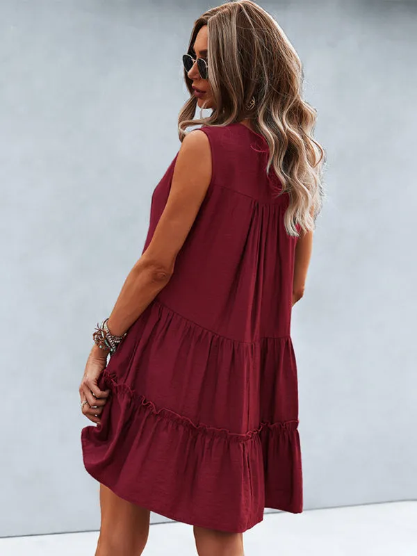 Tiered Sleeveless V-Neck Dress with Solid Print