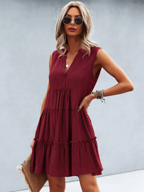 Tiered Sleeveless V-Neck Dress with Solid Print