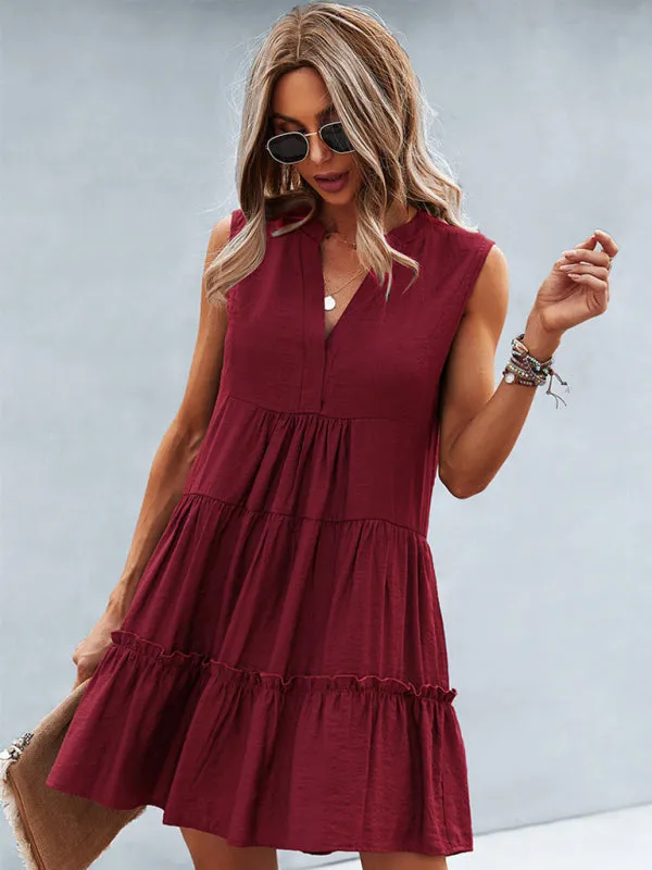 Tiered Sleeveless V-Neck Dress with Solid Print
