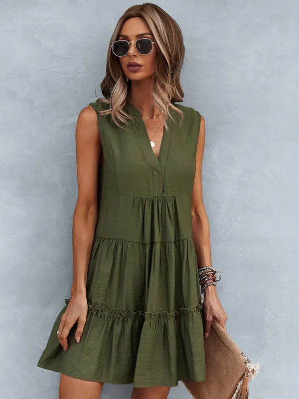 Tiered Sleeveless V-Neck Dress with Solid Print