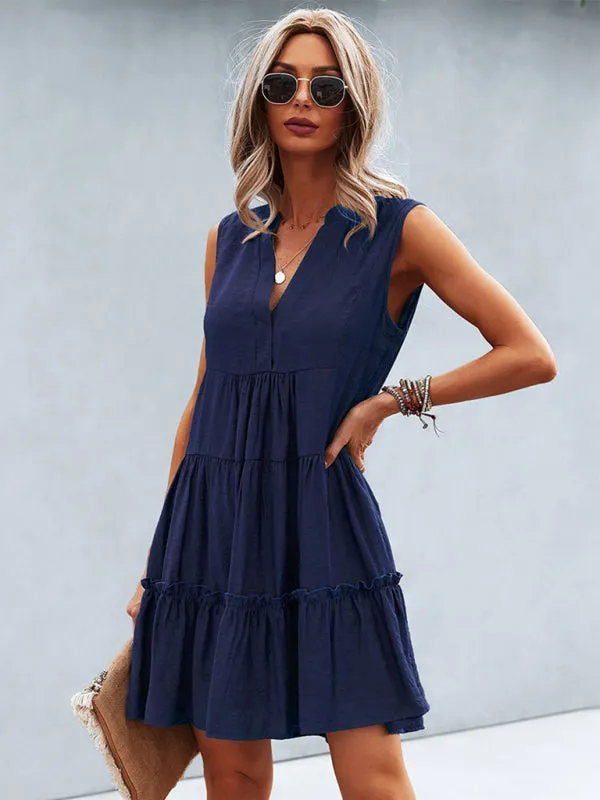 Tiered Sleeveless V-Neck Dress with Solid Print