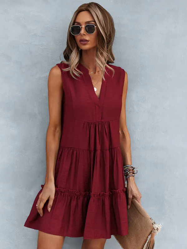 Tiered Sleeveless V-Neck Dress with Solid Print