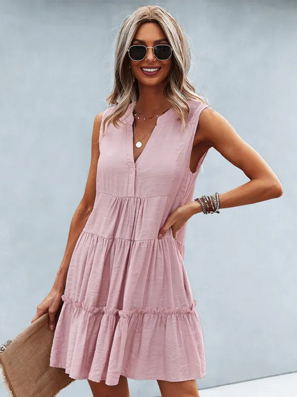 Tiered Sleeveless V-Neck Dress with Solid Print