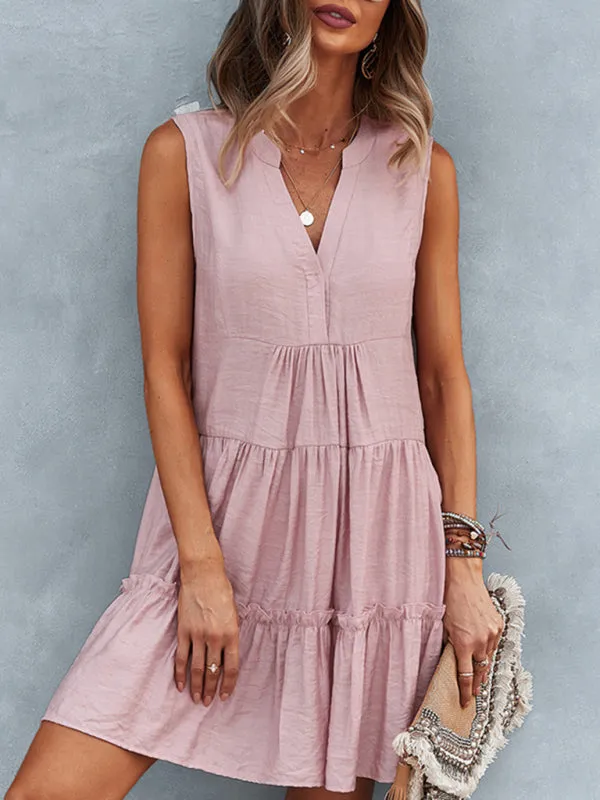 Tiered Sleeveless V-Neck Dress with Solid Print