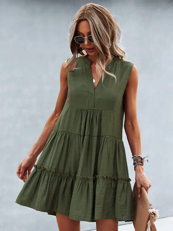 Tiered Sleeveless V-Neck Dress with Solid Print