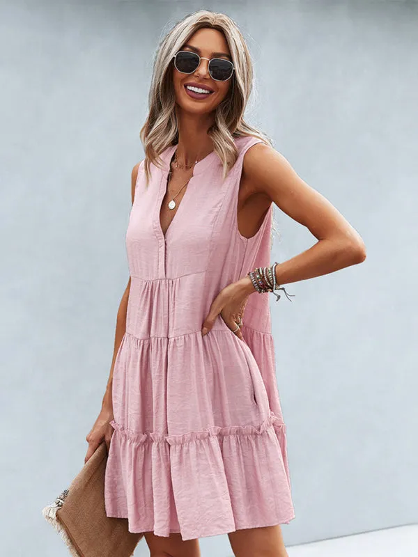 Tiered Sleeveless V-Neck Dress with Solid Print