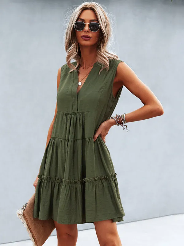 Tiered Sleeveless V-Neck Dress with Solid Print