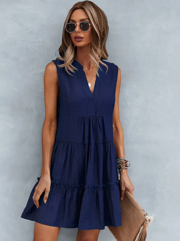 Tiered Sleeveless V-Neck Dress with Solid Print