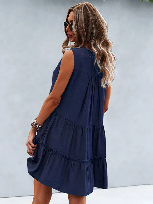 Tiered Sleeveless V-Neck Dress with Solid Print