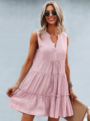 Tiered Sleeveless V-Neck Dress with Solid Print