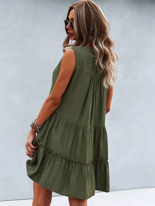 Tiered Sleeveless V-Neck Dress with Solid Print