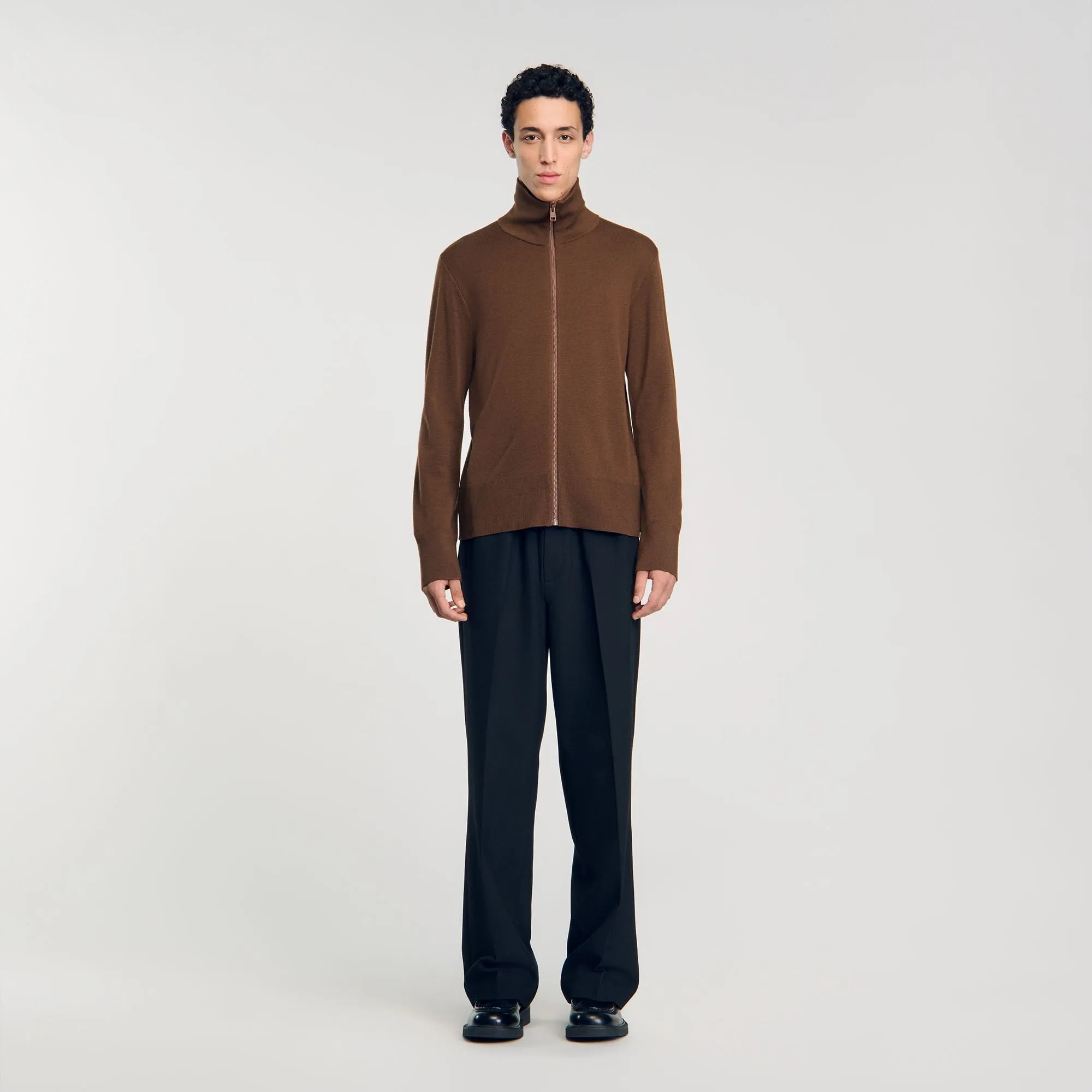Trucker Cardigan Zip-Up Wool Cardigan Dark Caramel