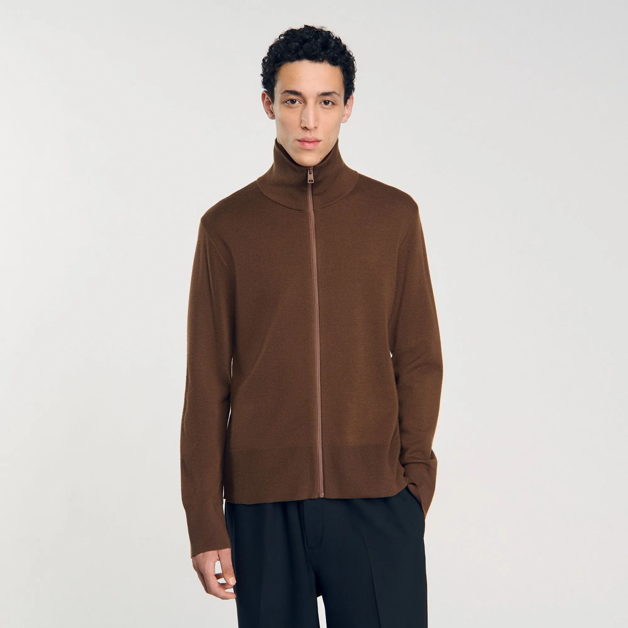 Trucker Cardigan Zip-Up Wool Cardigan Dark Caramel