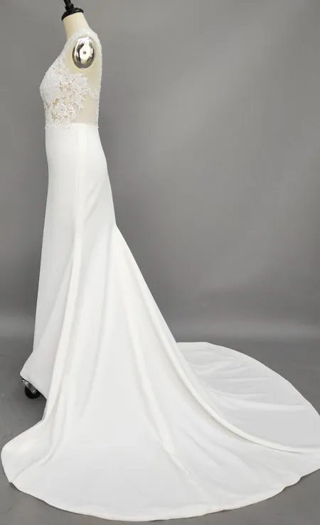 Trumpet Mermaid High Neck Satin Applique Sleeveless Sweep Brush Train Wedding Dresses-z708728