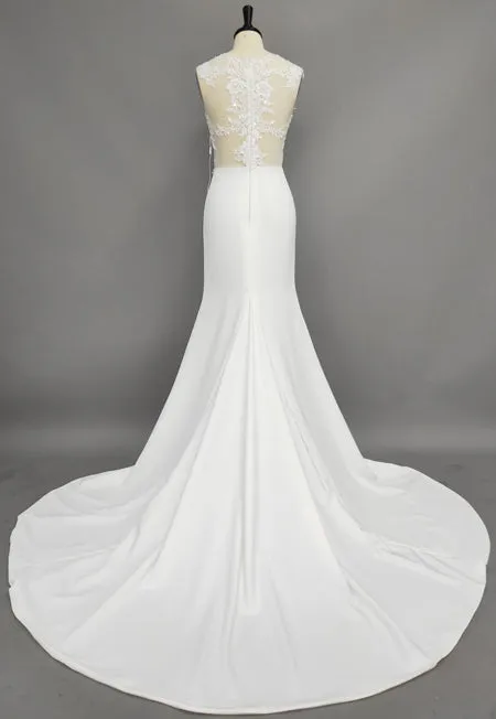 Trumpet Mermaid High Neck Satin Applique Sleeveless Sweep Brush Train Wedding Dresses-z708728