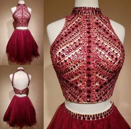 Two Piece High Neck Rhinestone Homecoming Dress Short Prom Dress Party Dress, SH309