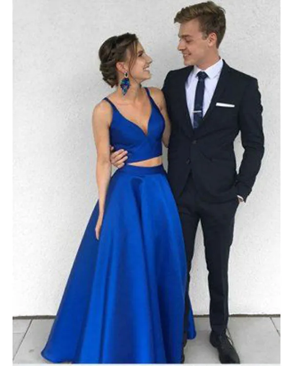 Two Pieces Prom Dresses Royal Blue Elastic Satin Ruffles Long Party Gowns 2018 Fashion