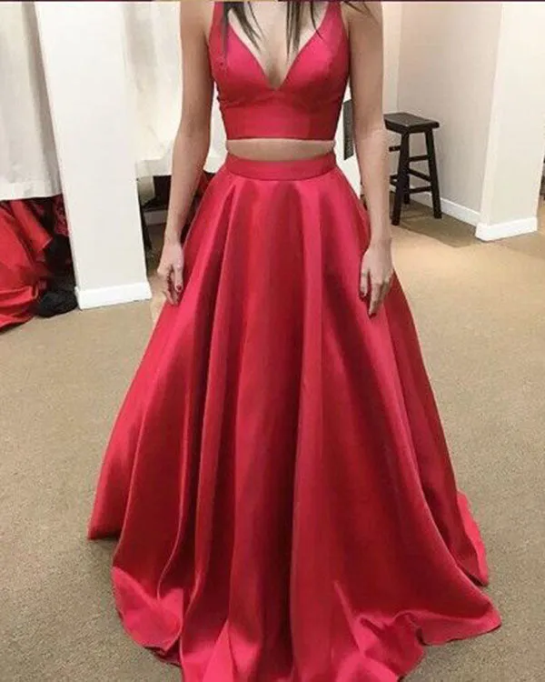 Two Pieces Prom Dresses Royal Blue Elastic Satin Ruffles Long Party Gowns 2018 Fashion