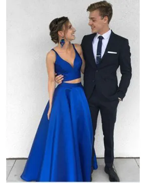 Two Pieces Prom Dresses Royal Blue Elastic Satin Ruffles Long Party Gowns 2018 Fashion