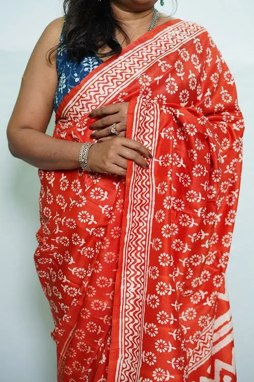 Ujjwala - Scarlet Red White Bagru Mulberry Silk Saree