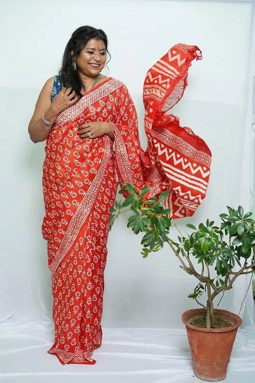 Ujjwala - Scarlet Red White Bagru Mulberry Silk Saree