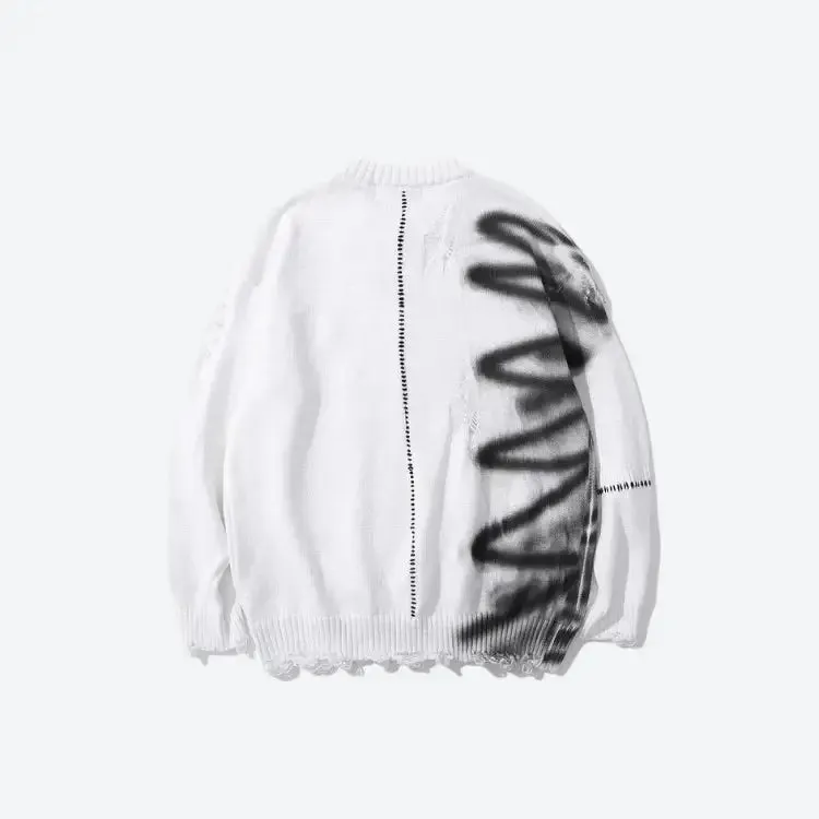 Unisex Knitted Sweater with Spray Paint and Contrast Sewing Details