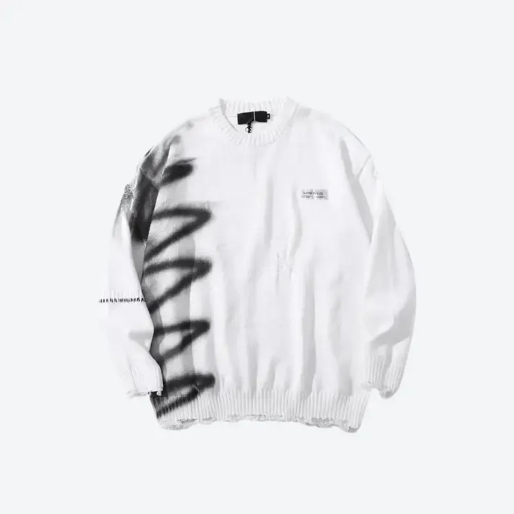 Unisex Knitted Sweater with Spray Paint and Contrast Sewing Details