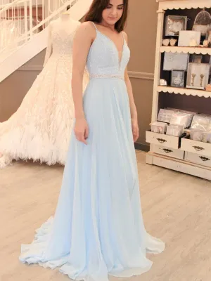 V Neck Beaded Baby Blue Long Prom Dresses, Open Back Beaded Baby Blue Formal Evening Dresses