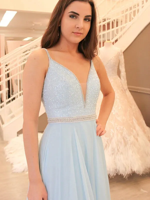 V Neck Beaded Baby Blue Long Prom Dresses, Open Back Beaded Baby Blue Formal Evening Dresses