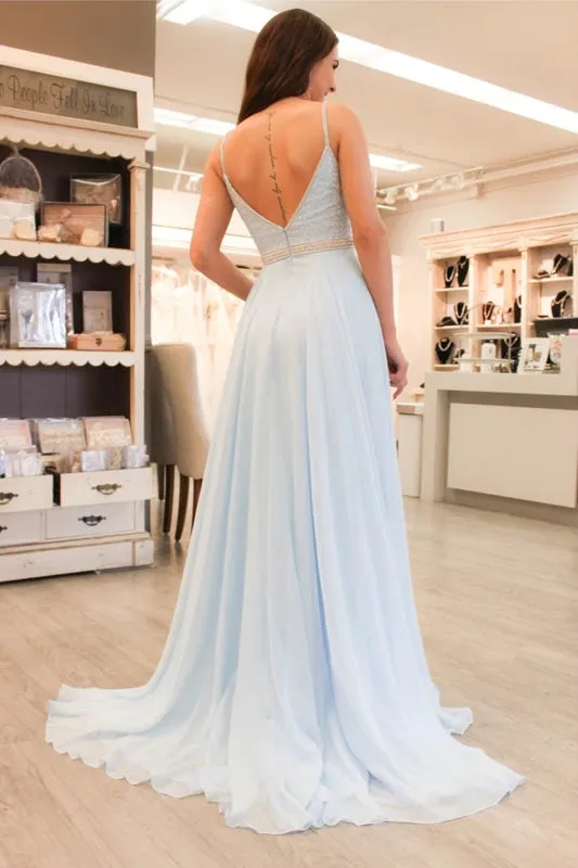 V Neck Beaded Baby Blue Long Prom Dresses, Open Back Beaded Baby Blue Formal Evening Dresses