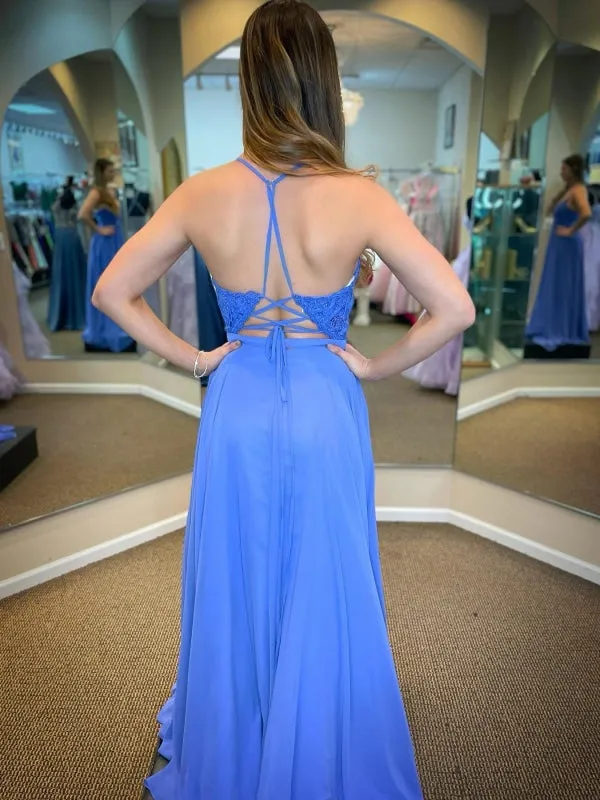 V Neck Open Back Blue Lace Long Prom Dresses, Blue Lace Formal Graduation Evening Dresses