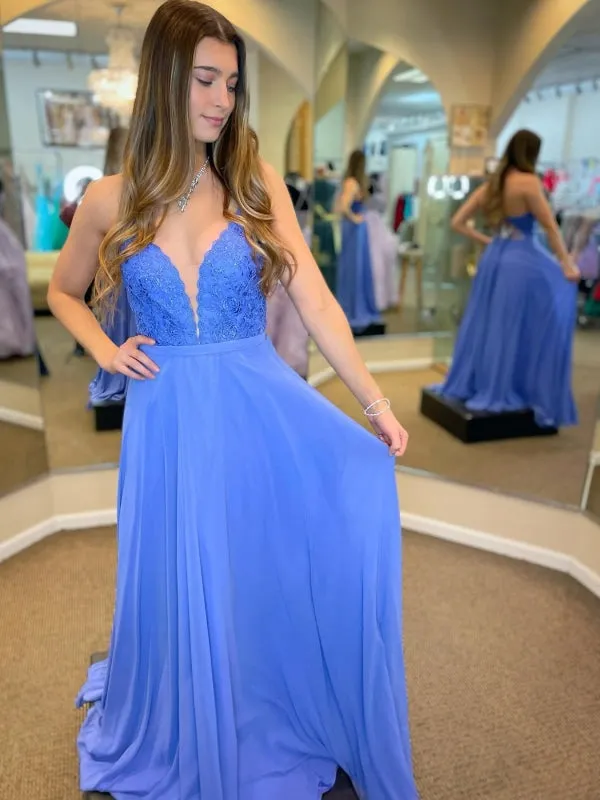 V Neck Open Back Blue Lace Long Prom Dresses, Blue Lace Formal Graduation Evening Dresses