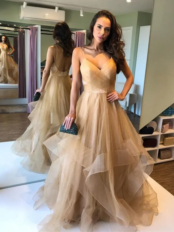 V Neck Puffy Backless Champagne Long Prom Dresses, Backless Champagne Formal Dresses, Champagne Evening Dresses, Ball