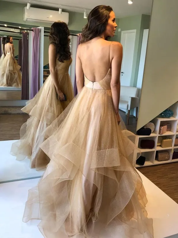 V Neck Puffy Backless Champagne Long Prom Dresses, Backless Champagne Formal Dresses, Champagne Evening Dresses, Ball